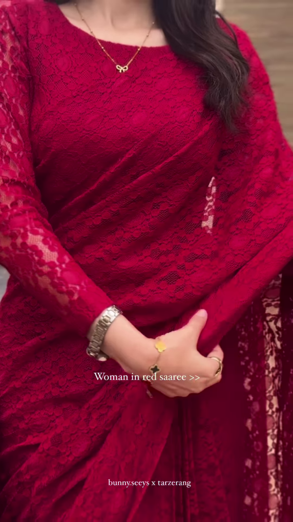 Grace in Crimson – Elegant Lace Red Saree Look ✨ - Image 3