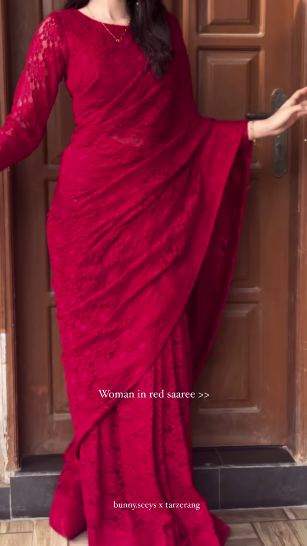 Grace in Crimson – Elegant Lace Red Saree Look ✨ - Image 4