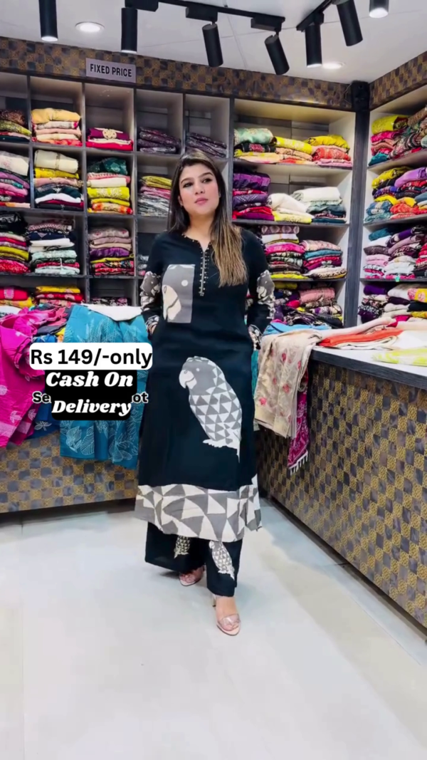 Trendy Printed Black Kurti with Parrot Design – Elegant & Affordable Ethnic Wear - Image 3