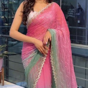 Rose Mist: Ombré Organza Saree with Chevron Shimmer