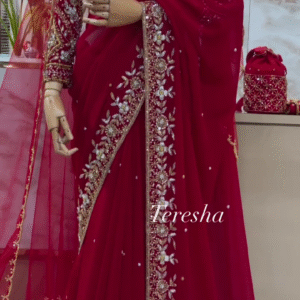 Regal Ruby: Hand-Embroidered Bridal Georgette Saree by Teresha