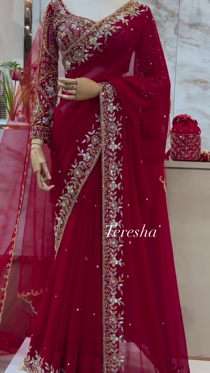 Regal Ruby: Hand-Embroidered Bridal Georgette Saree by Teresha