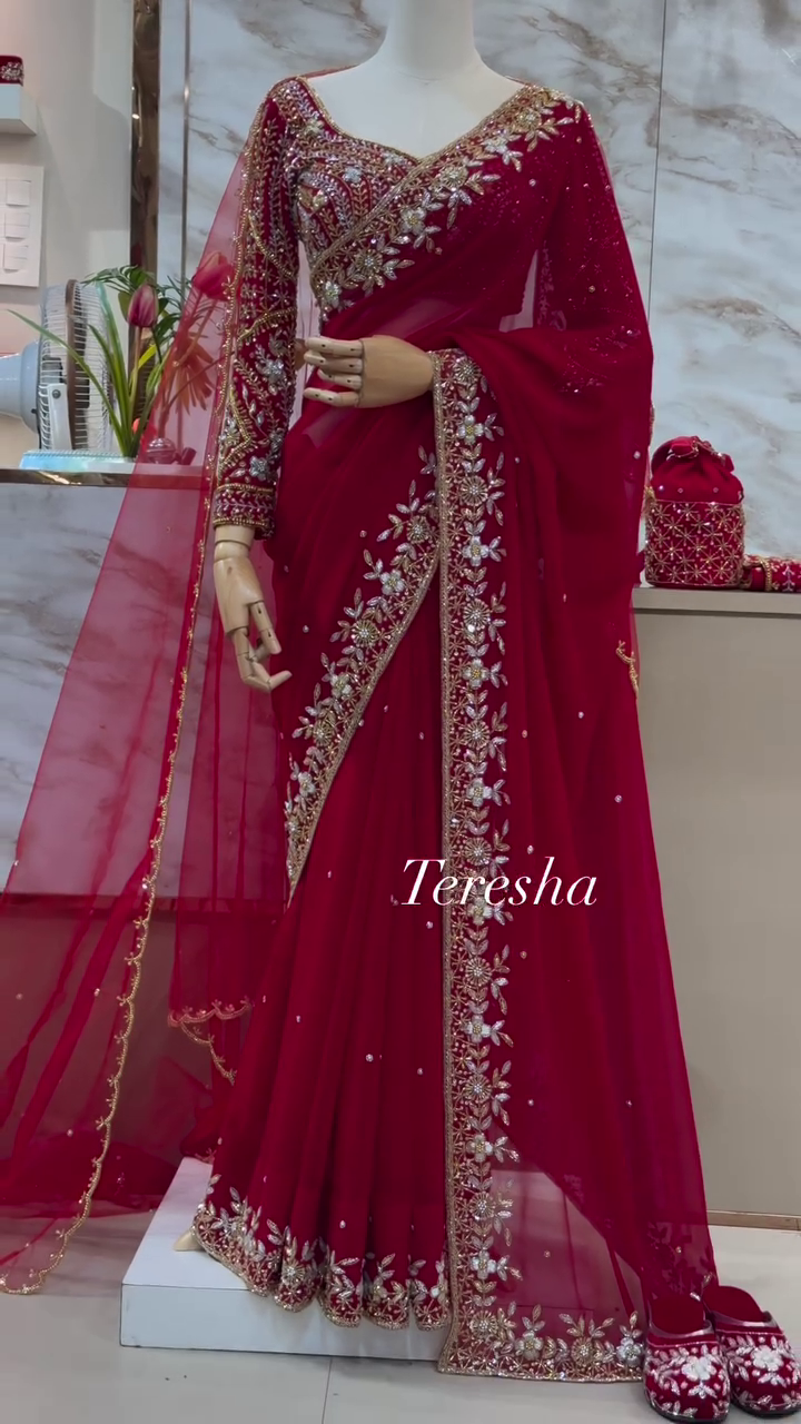 Regal Ruby: Hand-Embroidered Bridal Georgette Saree by Teresha - Image 2
