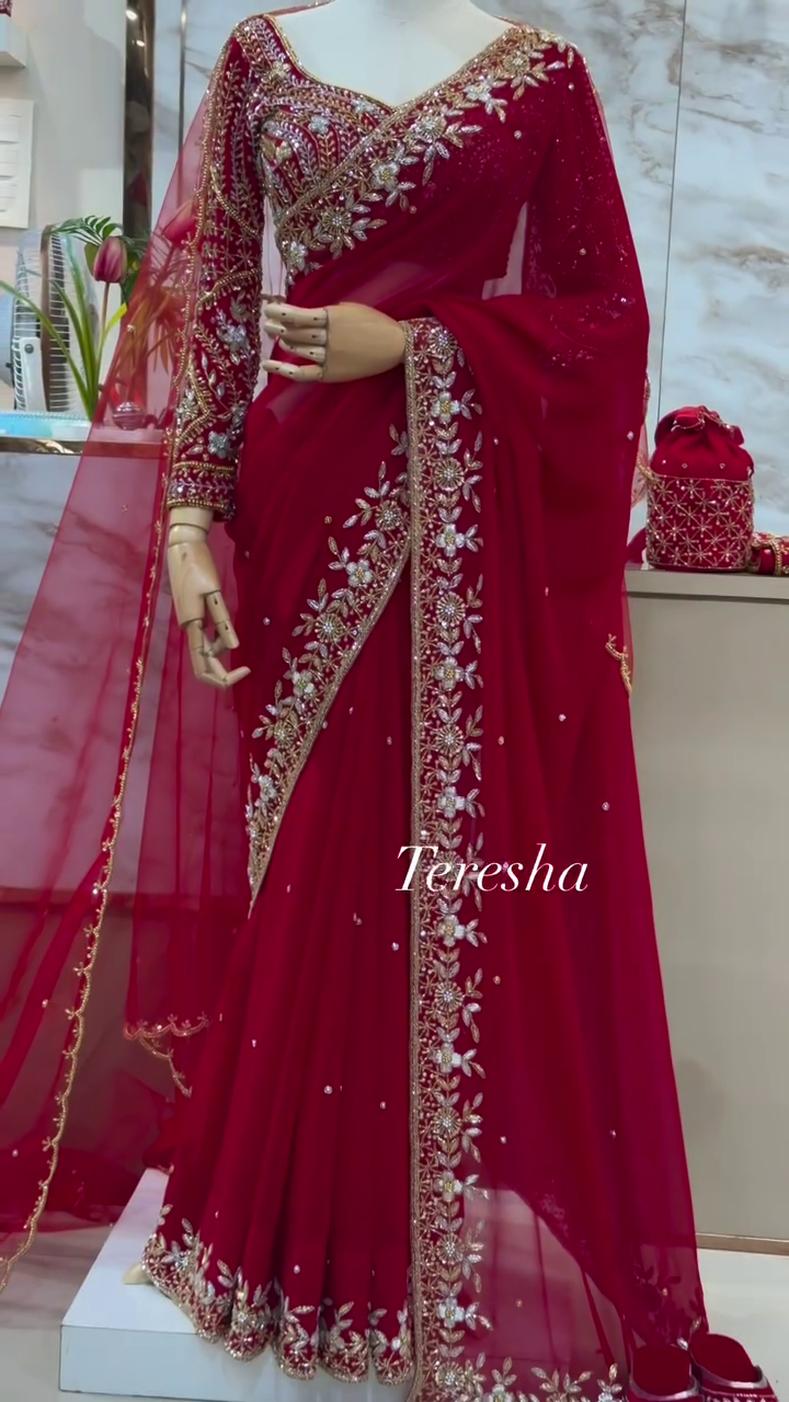Regal Ruby: Hand-Embroidered Bridal Georgette Saree by Teresha - Image 3