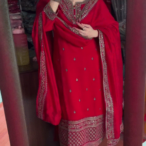 Elegant Chinon Silk Red Sharara Dress for Karwa Chauth – A Perfect Blend of Tradition and Glamour