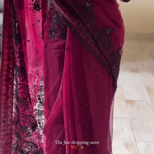 Exquisite Raspberry Wine Floral Patterned Stone Work Saree – A Perfect Blend of Elegance and Glamour