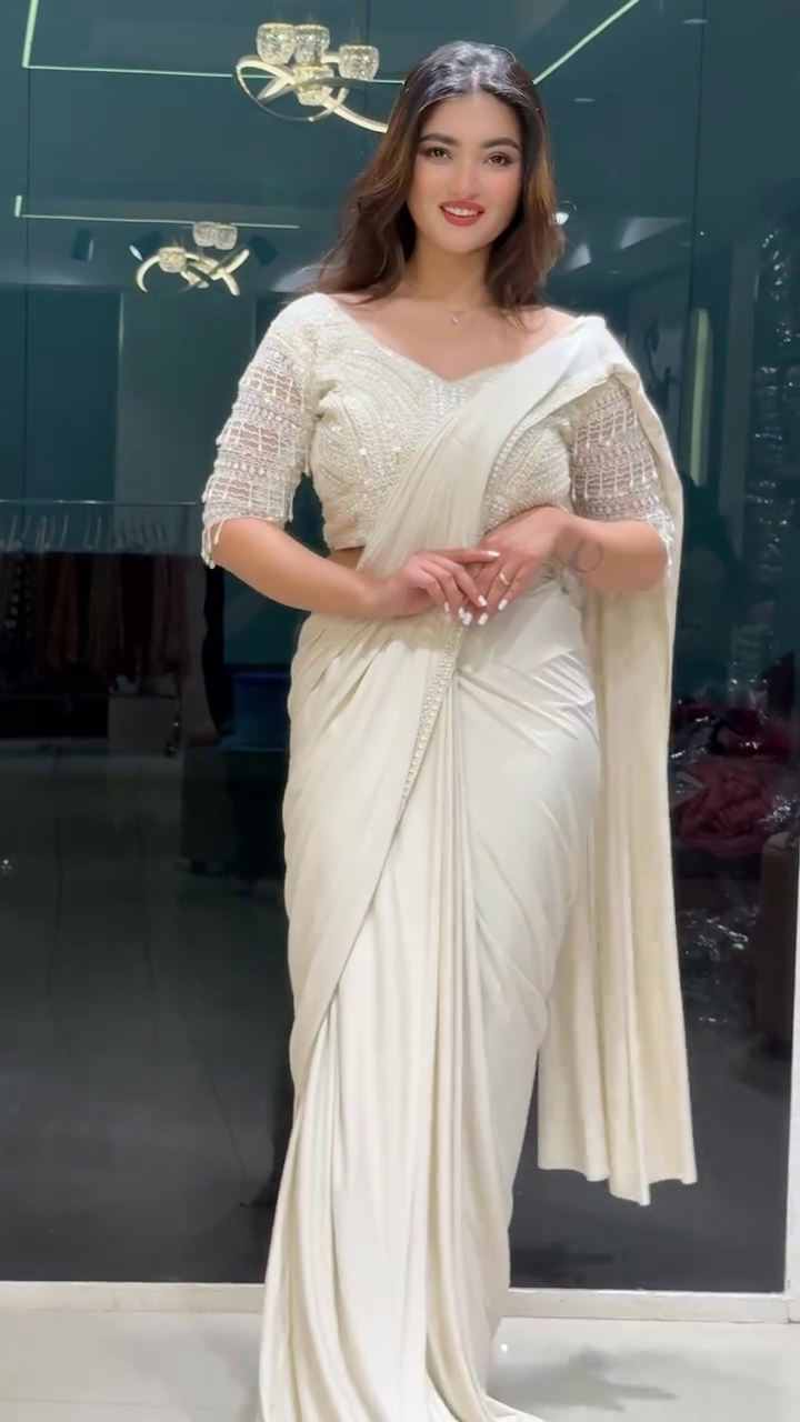 White Drape Saree with Pearl Embroidery – A Graceful Fusion of Elegance and Sophistication - Image 4