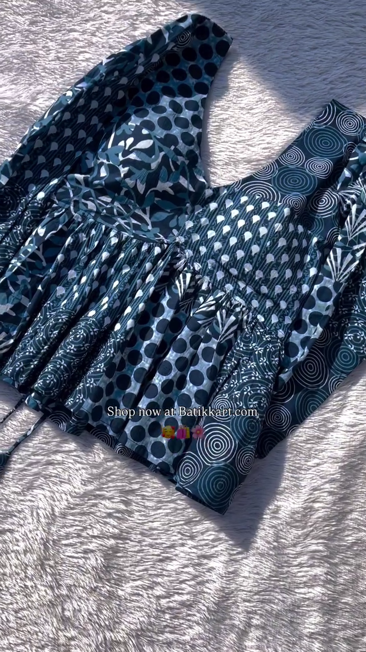 Multicolored Patch Full Puffy Sleeves Removable Cup Cotton Top – A Stylish and Versatile Wardrobe Essential