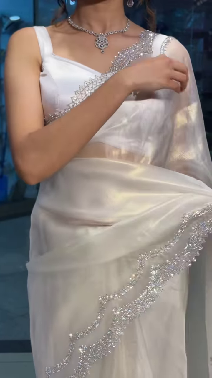 Moonlit Elegance: Pearl White Crystal-Embellished Designer Saree - Image 2