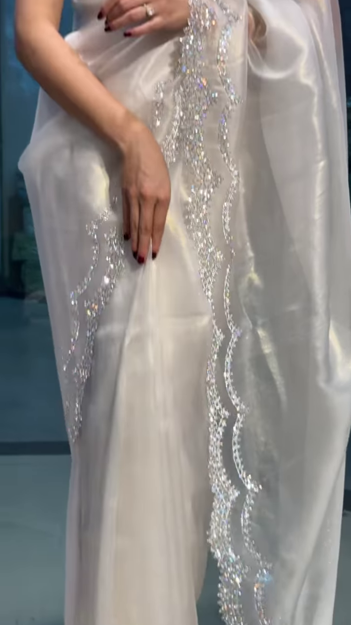 Moonlit Elegance: Pearl White Crystal-Embellished Designer Saree - Image 3