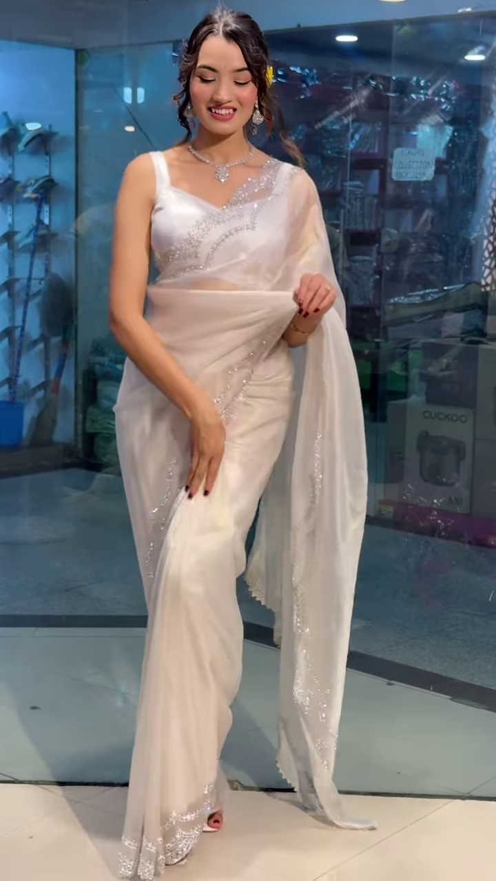 Moonlit Elegance: Pearl White Crystal-Embellished Designer Saree - Image 4
