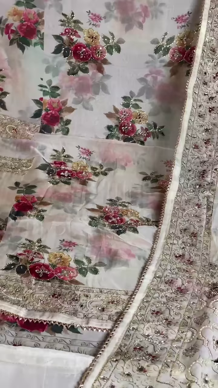 White Soft Tissue Silk Saree with Scalloped Sequins Zardozi Pearl Handwork – A Timeless Masterpiece of Elegance - Image 4