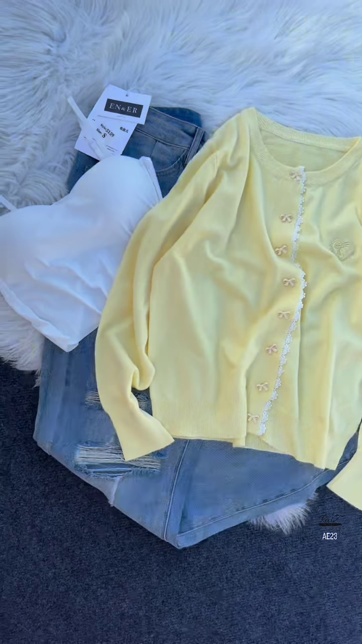 "Chic Pastel Perfection: Yellow Bow Cardigan & Denim Duo"