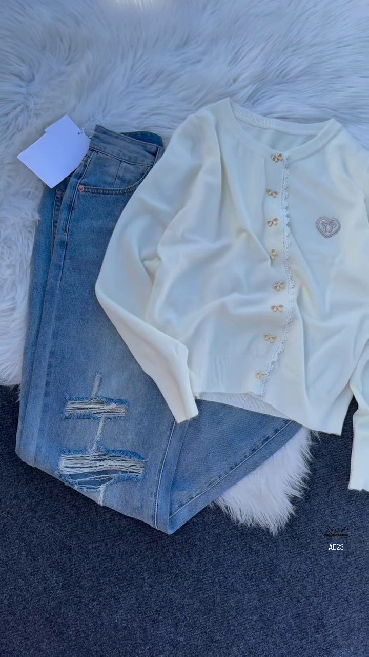 "Chic Pastel Perfection: Yellow Bow Cardigan & Denim Duo" - Image 4