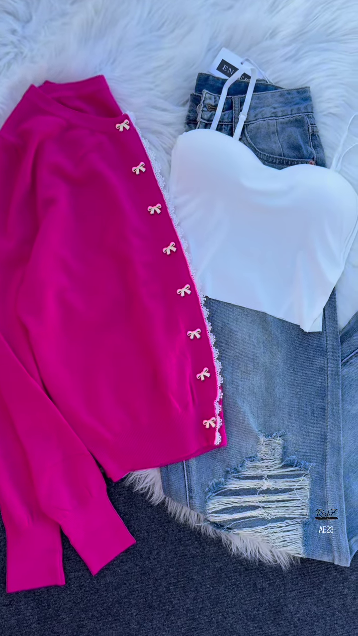 "Chic Pastel Perfection: Yellow Bow Cardigan & Denim Duo" - Image 5