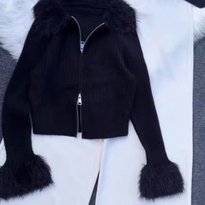 Fuzzy‑Collar Zip Knit | Retro Glam, Soft Drama ✨
