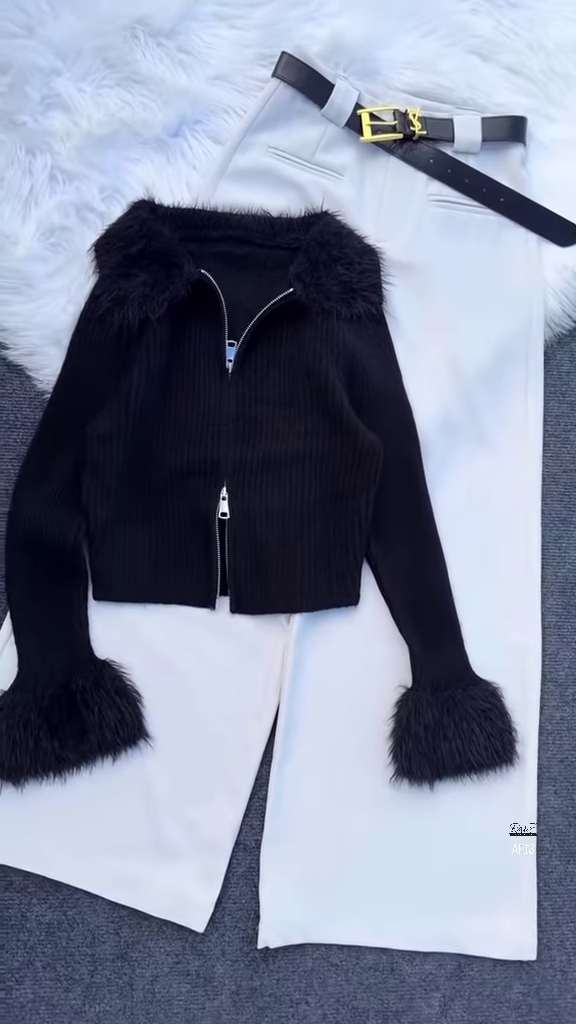 Fuzzy‑Collar Zip Knit | Retro Glam, Soft Drama ✨