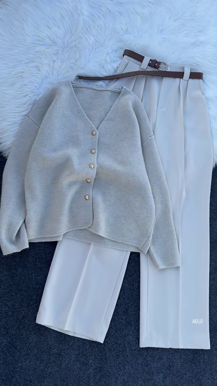 Pearl‑Button Knit + Cream Trousers Set | Soft, Chic, Everyday ✨ - Image 4