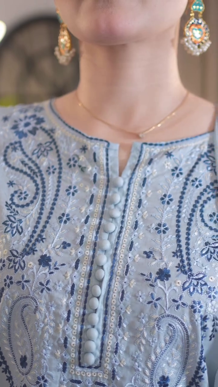 Women's Powder Blue Embroidered Kurta Set Daily Wear Outfit - Image 3