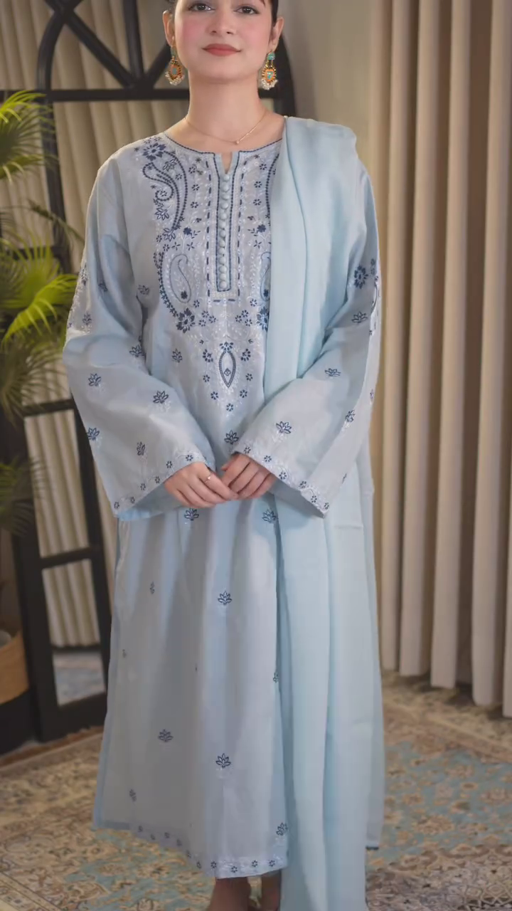 Women's Powder Blue Embroidered Kurta Set Daily Wear Outfit