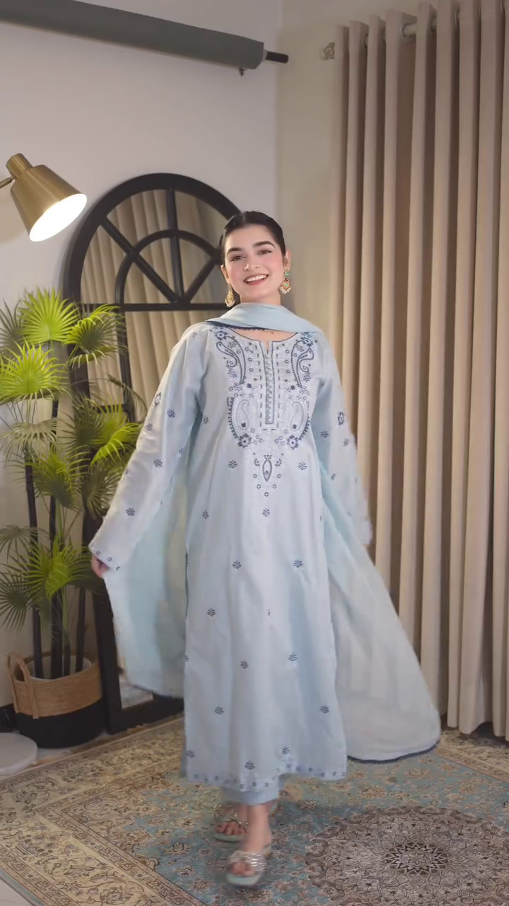 Women's Powder Blue Embroidered Kurta Set Daily Wear Outfit - Image 5