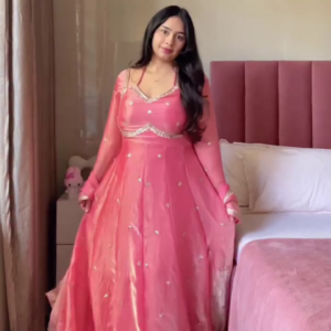 Women's Rose Pink Embellished Gown Party Wear Outfit