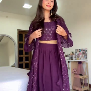 Women's Purple Ethnic Co-Ord Set with Skirt, Crop Top, and Shrug