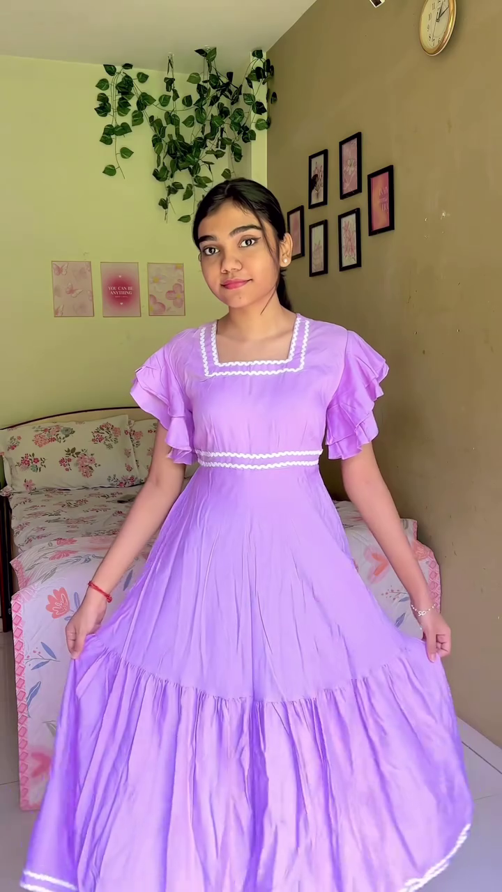 Women's Lavender Frill Dress Casual Pastel Outfit for Daily Wear