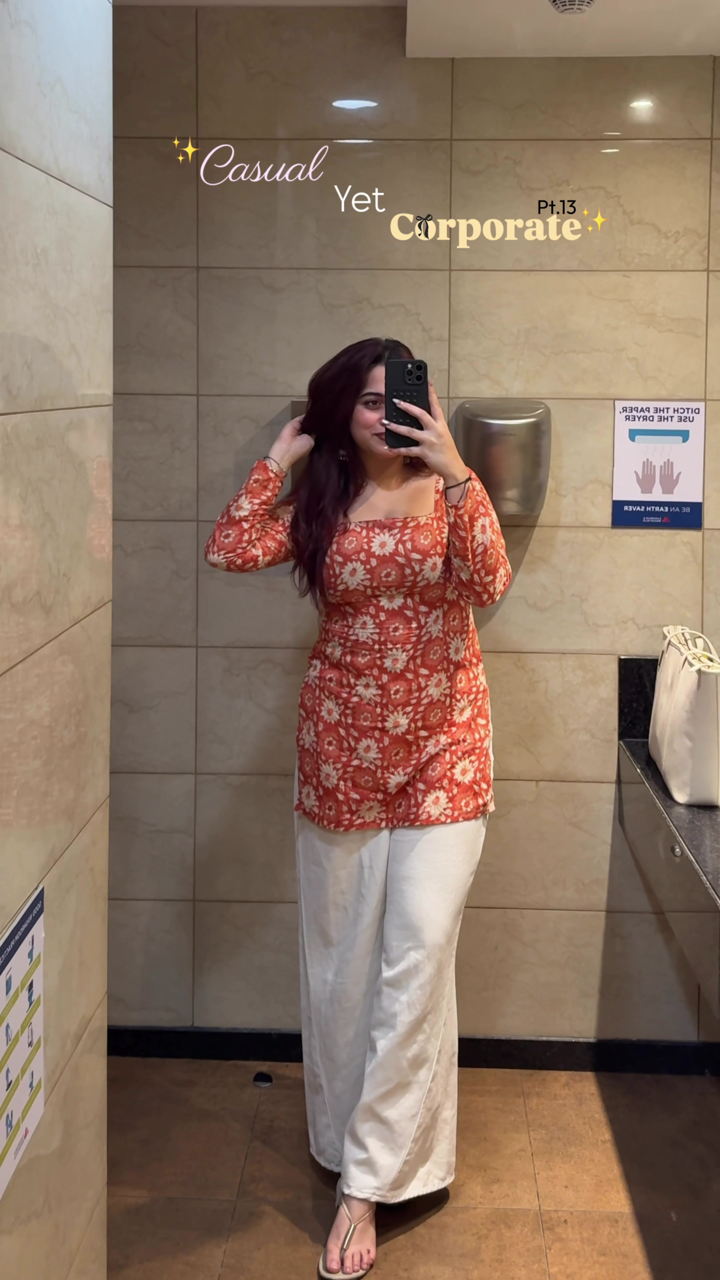Women's Rust Orange Floral Kurti with White Pants Office Wear Outfit