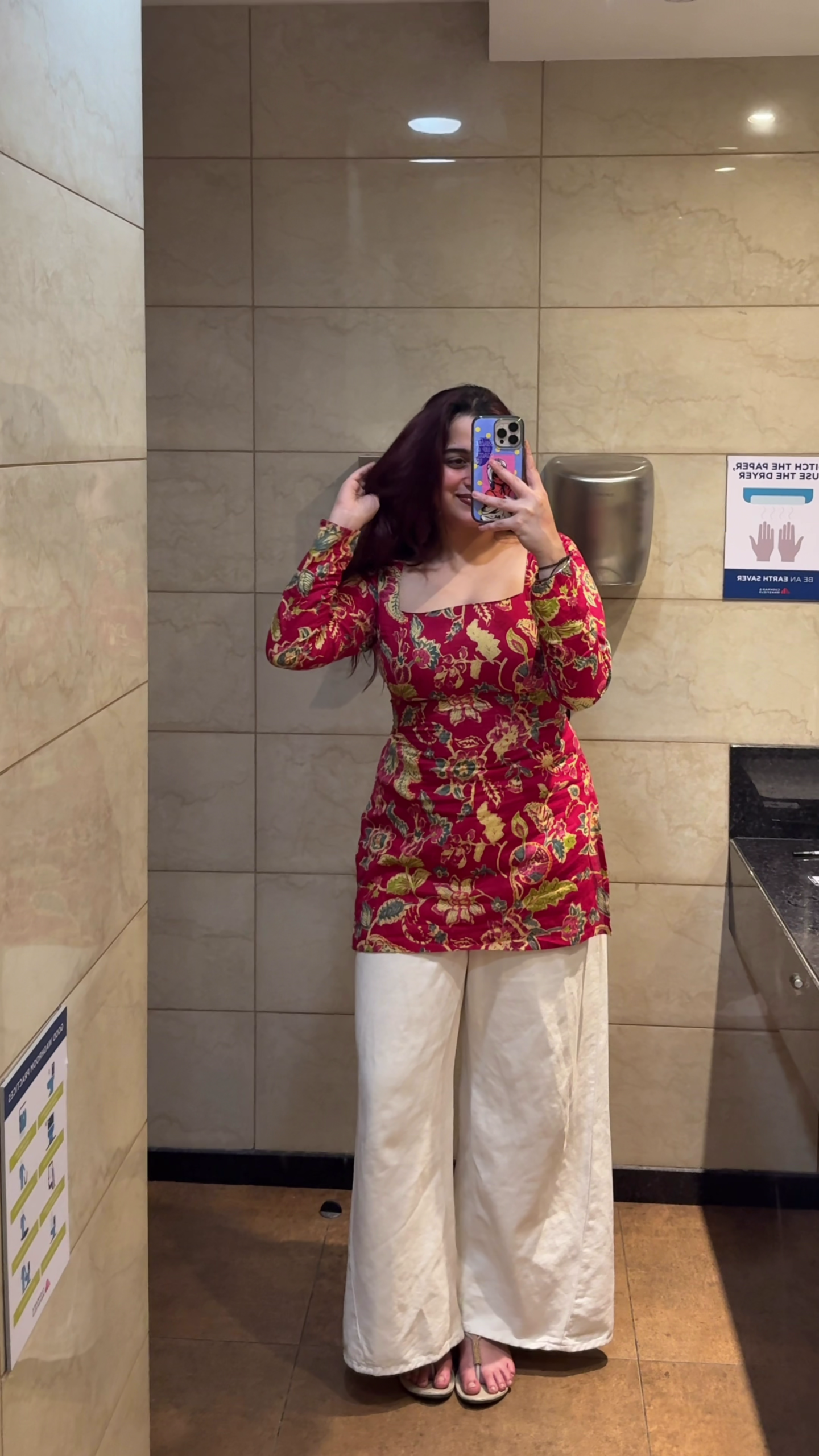 Women's Rust Orange Floral Kurti with White Pants Office Wear Outfit - Image 3