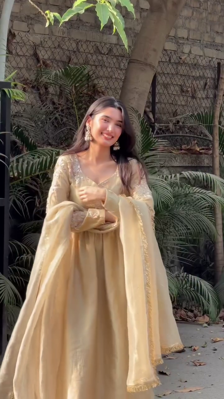 Women's Golden Anarkali Suit with Dupatta Festive Ethnic Wear