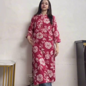 Women Red Floral Kurti with Denim Jeans Indo Western Casual Outfit
