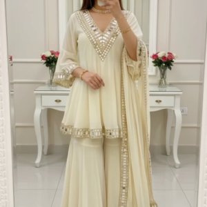 Ivory Mirror Work Sharara Set