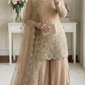 Beige Embroidered Royal Sharara