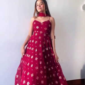 Women's Wine Red Anarkali Dress with Dupatta Party Wear