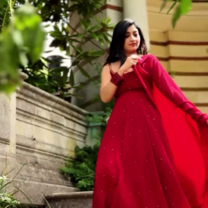 Women's Red Anarkali Dress Festive Party Wear Outfit
