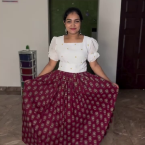 Women's White Top with Printed Skirt Fusion Wear Outfit