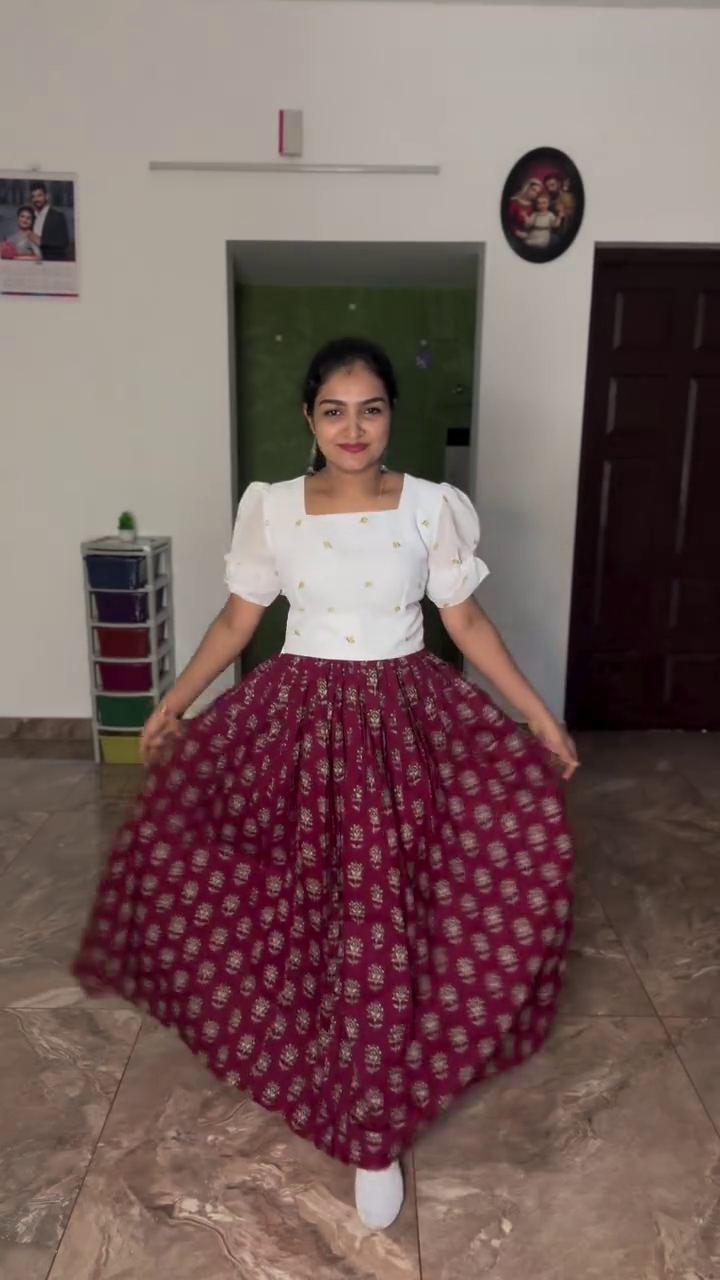 Women's White Top with Printed Skirt Fusion Wear Outfit - Image 2