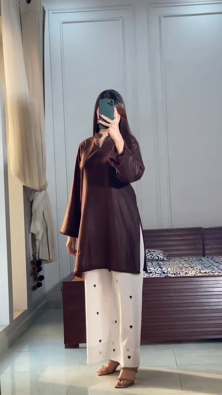 Women's Brown Kurta Set with Printed Palazzo Pants Daily Wear