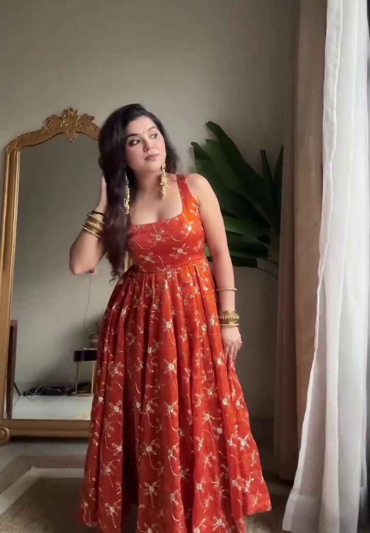 Women's Rust Floral Anarkali Dress Festive Casual Outfit - Image 4