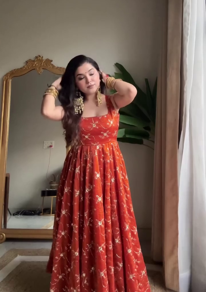 Women's Rust Floral Anarkali Dress Festive Casual Outfit - Image 3