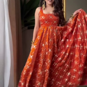 Women's Rust Floral Anarkali Dress Festive Casual Outfit