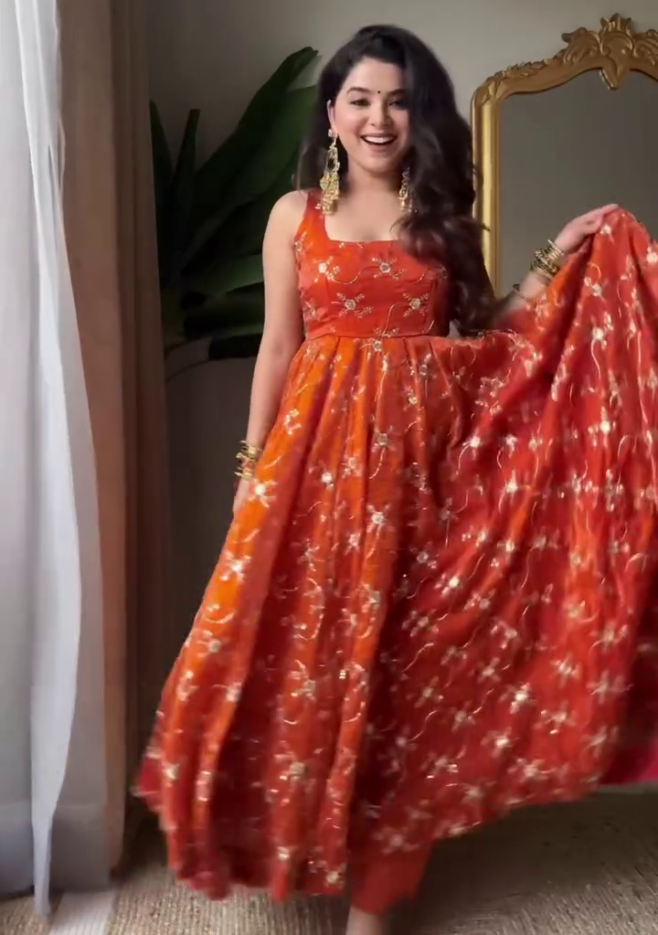 Women's Rust Floral Anarkali Dress Festive Casual Outfit