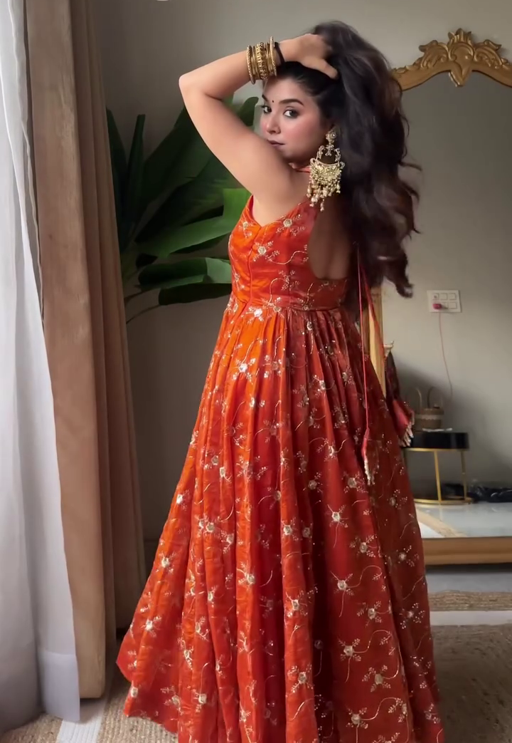 Women's Rust Floral Anarkali Dress Festive Casual Outfit - Image 2