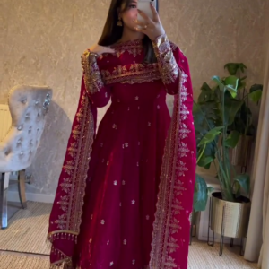 Women's Wine Red Anarkali Suit with Dupatta Party Wear